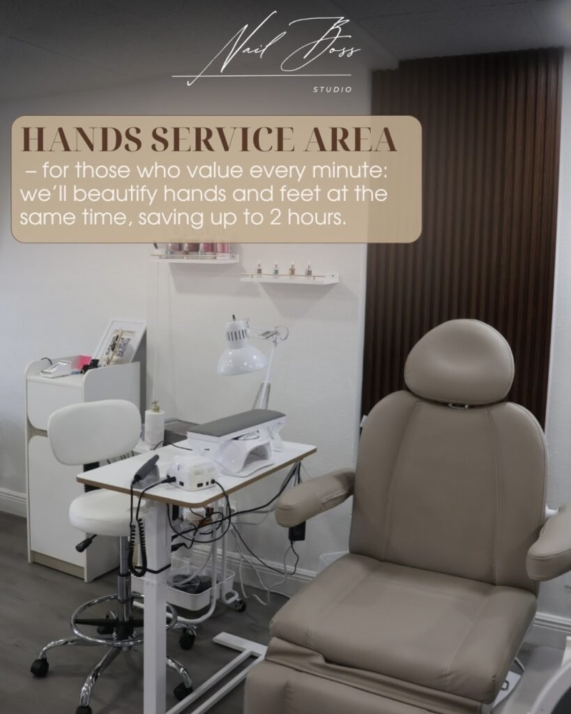 Modern beige nail area for builder gel manicure Tampa at Nail Boss Studio.