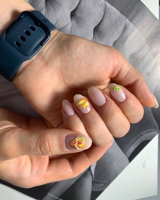 Cute soft pink manicure with food art design — builder gel Tampa nails.