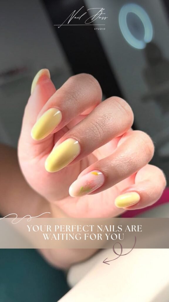 Soft yellow nails created with dry manicure technique at Nail Boss Studio Tampa, Florida.