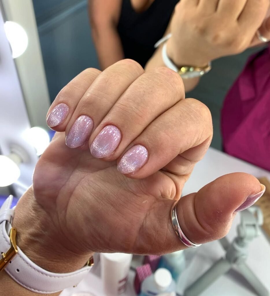 Soft pink shimmering nails after russian manicure near me in Tampa, Florida.