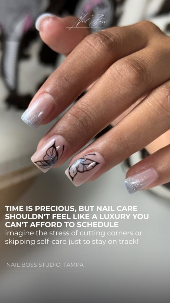 Square-shaped pink nails with butterfly design created with russian manicure Tampa technique at Nail Boss Studio.