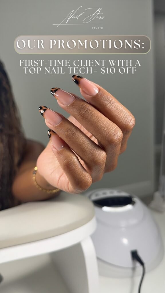 Close-up of elegant manicure created at russian nail salon near me in Tampa, Florida.