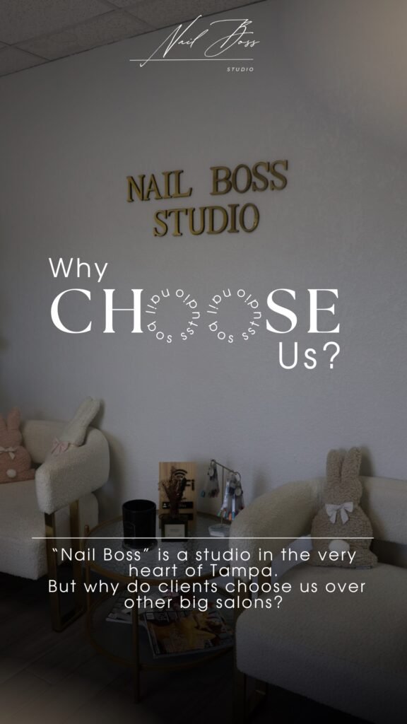 Interior of russian nail salon in Tampa, Florida with modern design and relaxing atmosphere.
