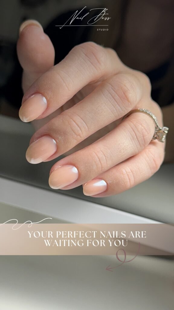 Natural glossy nude nails after Tampa Russian nails service at Nail Boss Studio in Tampa, Florida.