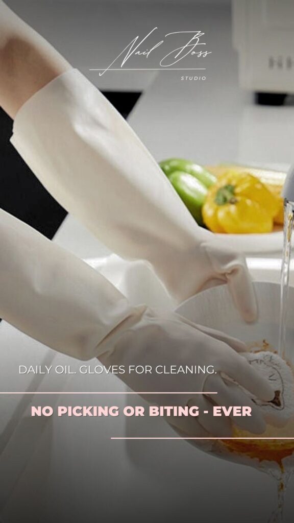 Hands wearing white gloves washing dishes — russian manicure care tip in Tampa, Florida.