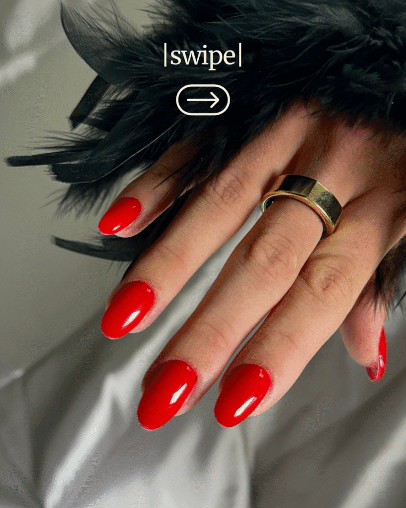 Elegant red nails after russian manicure in Tampa, Florida, under soft studio light.