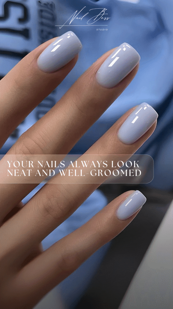 Close-up of elegant nails with light lavender polish after russian manicure in Tampa, Florida.