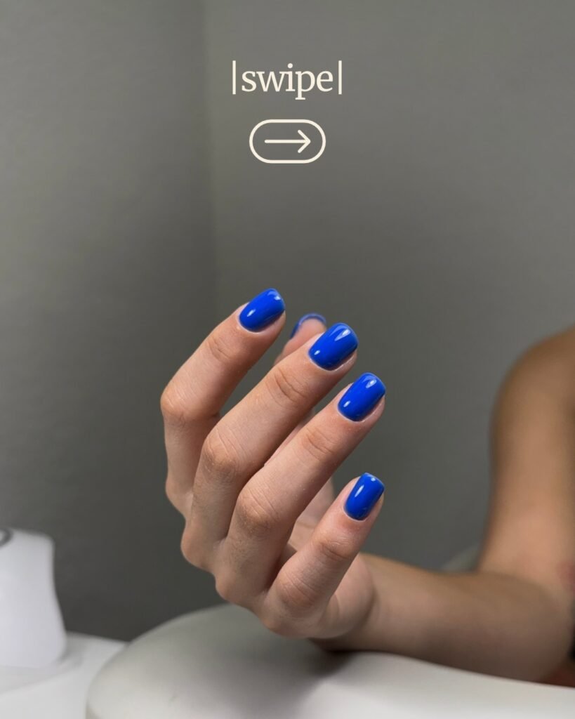 Bright blue nails after russian manicure near me in Tampa, Florida.