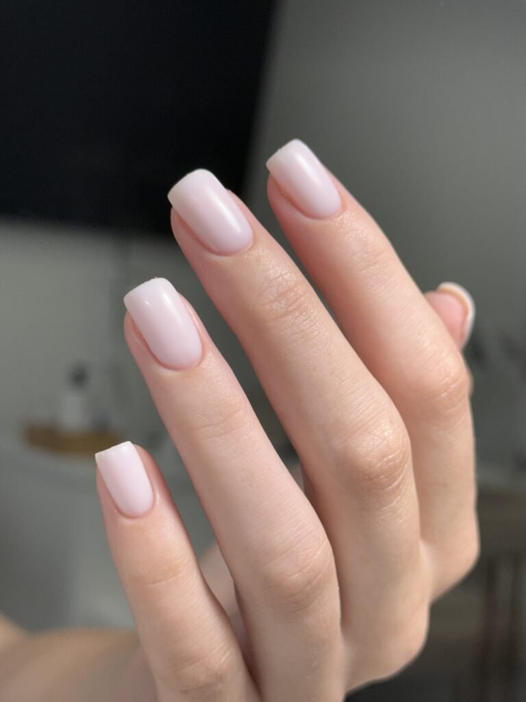 Soft pink nails after russian manicure near me in Tampa.