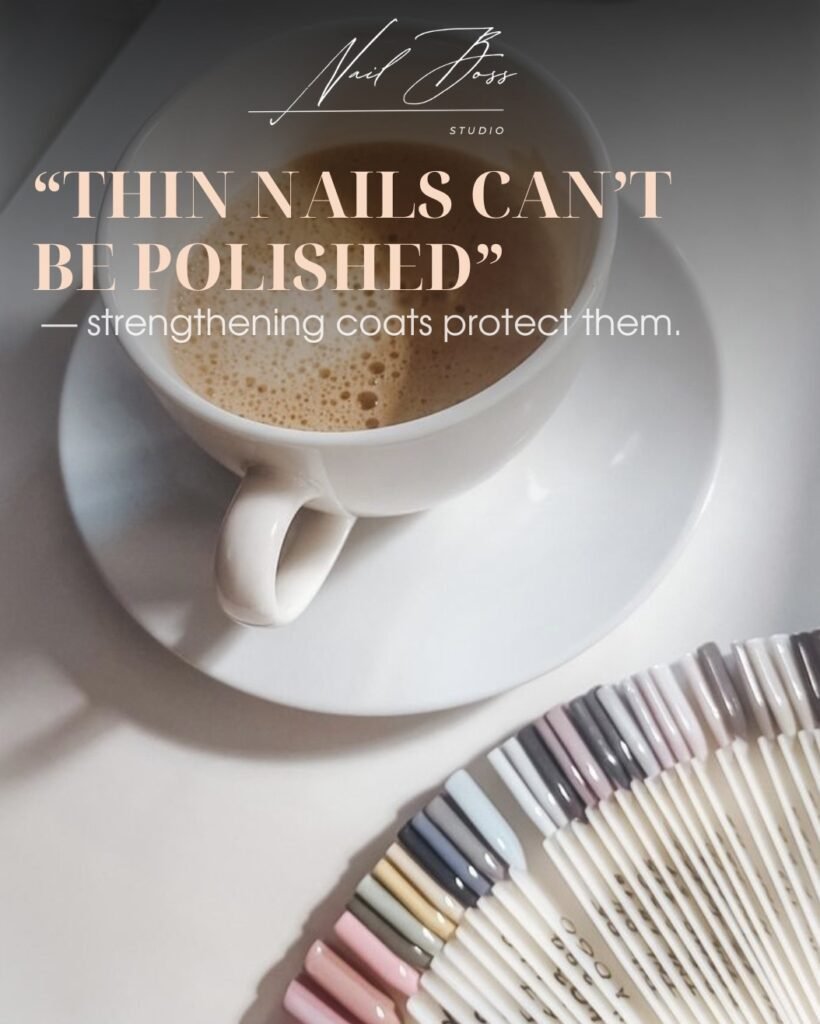 Cup of coffee beside nail color palette showing russian manicure near me in Tampa.