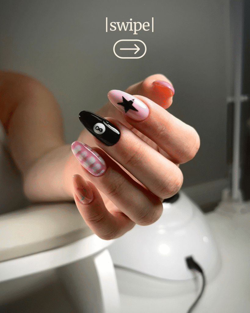Creative nail art after russian manicure near me in Tampa, Florida, under salon light.
