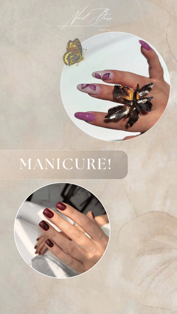 Elegant butterfly nail art and deep red nails after russian manicure Tampa.