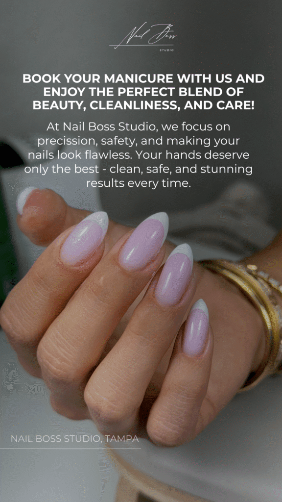 Soft pink French nails created with russian manicure in Tampa, Florida by Nail Boss Studio.