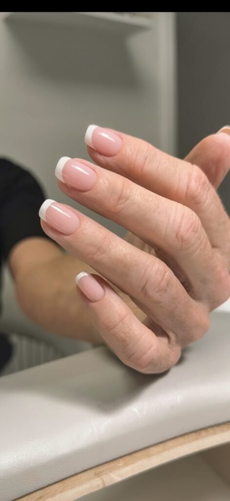 Soft pink french nails after russian manicure in Tampa, Florida.