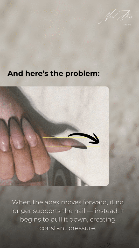 A close-up photo of long nails showing apex shift explained during a russian manicure in Tampa.