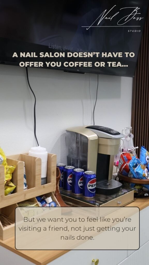 Coffee corner at Nail Boss Studio Tampa, the home of elegant russian manicure in Florida.
