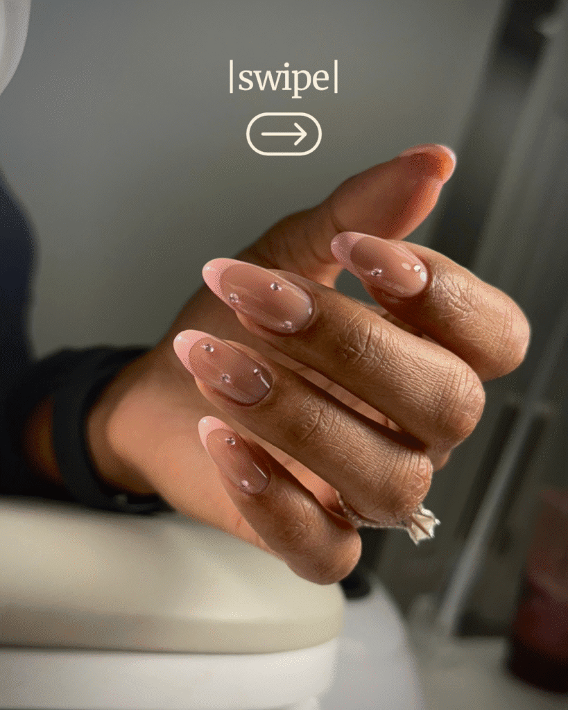Soft nude nails with clear accents after russian manicure in Tampa, Florida.