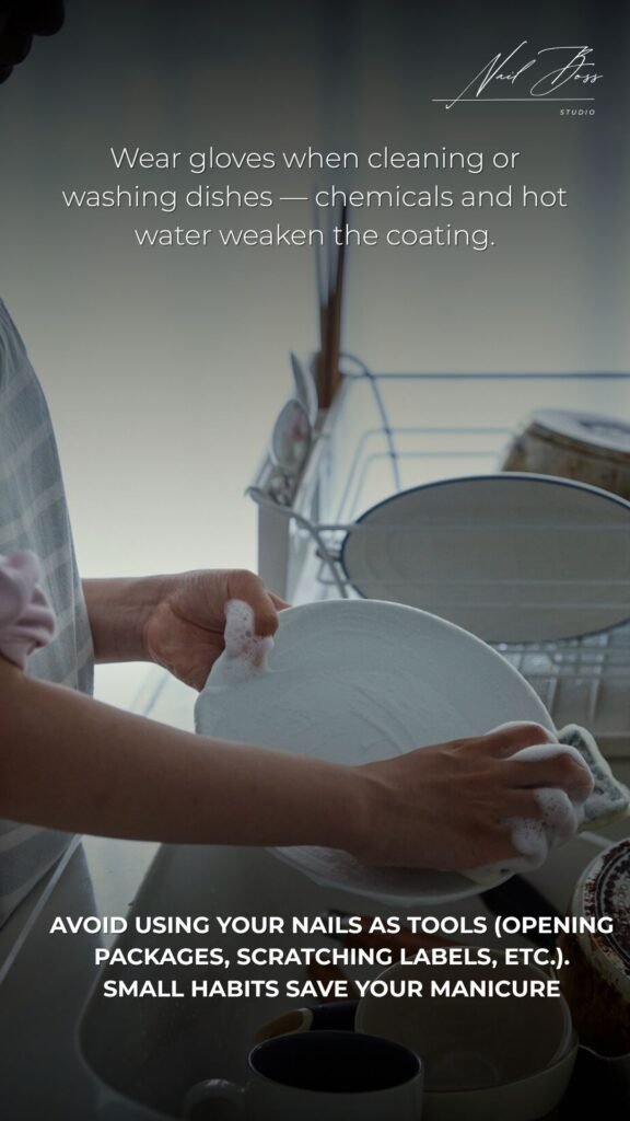 Person washing dishes without gloves before visiting a russian nail salon near me in Tampa, Florida.