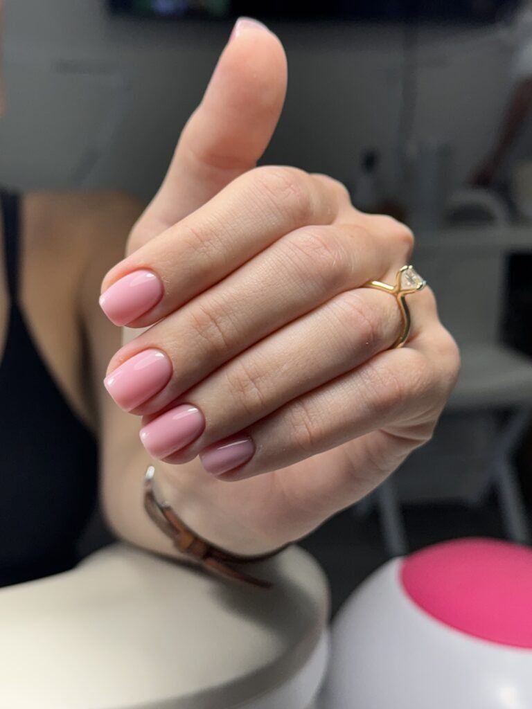 Soft pink russian nails manicure in Tampa, created with allergy-safe technique.