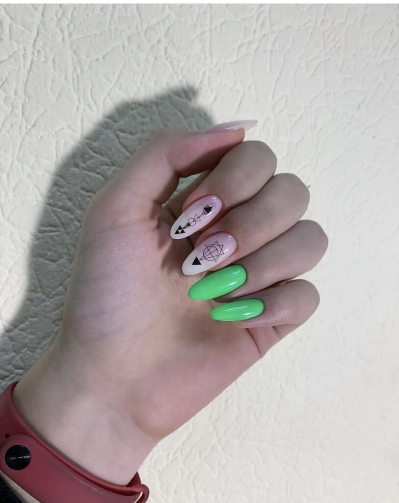 Hand with neon green and minimalist line-art nails created using russian manicure near me technique in Tampa.