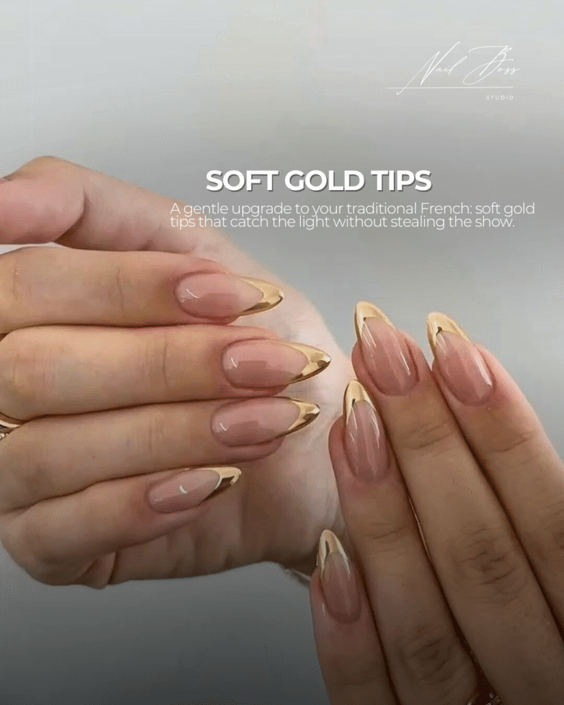 Soft gold french tips created with builder gel manicure in Tampa, Florida