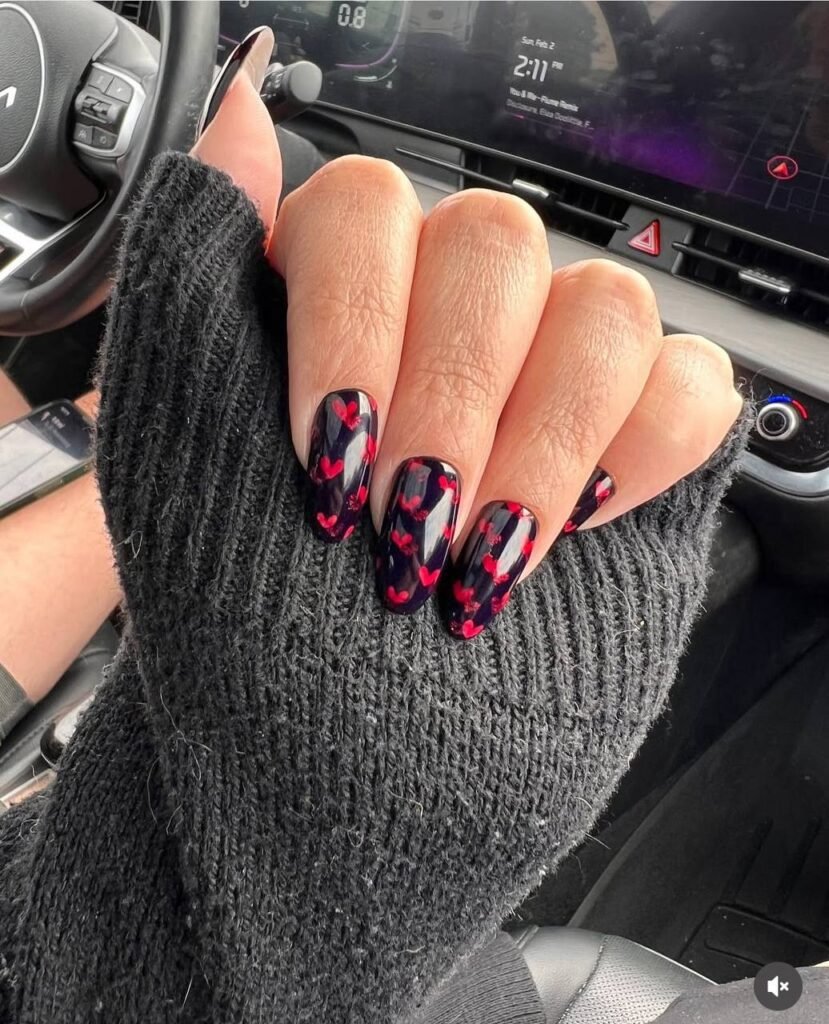 Builder gel Tampa manicure with dark glossy design and strong structure at Nail Boss Studio.
