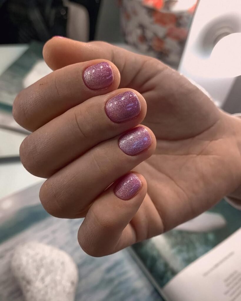 Short shimmering pink nails created with dry manicure technique in Tampa.