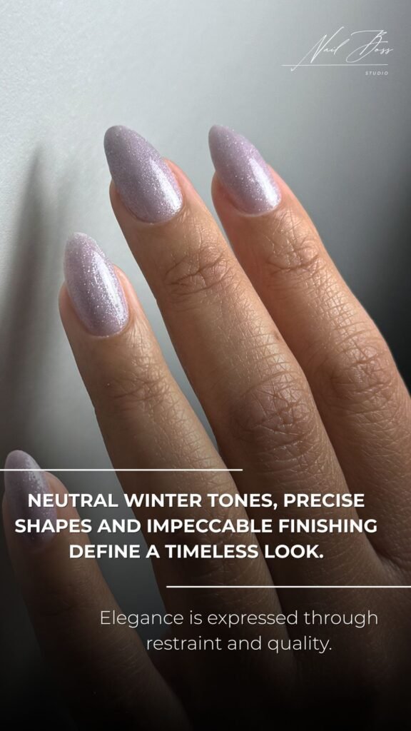 Dry manicure in Tampa featuring neutral winter tones and precise shaping at Nail Boss Studio.