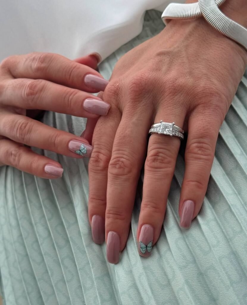 European manicure near me with soft nude nails in Tampa, Florida.