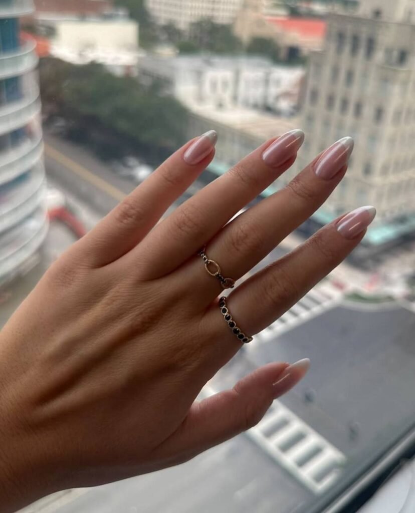 European manicure with natural nude nails performed in Tampa, Florida.