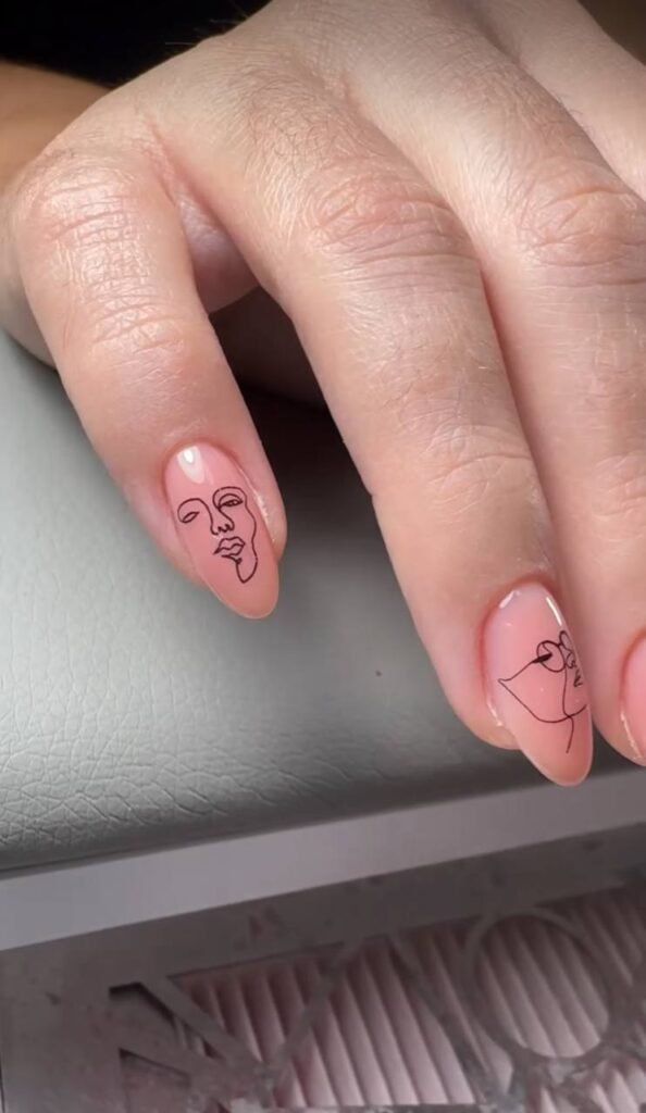 European manicure Tampa with natural nude nails and minimal line art design.