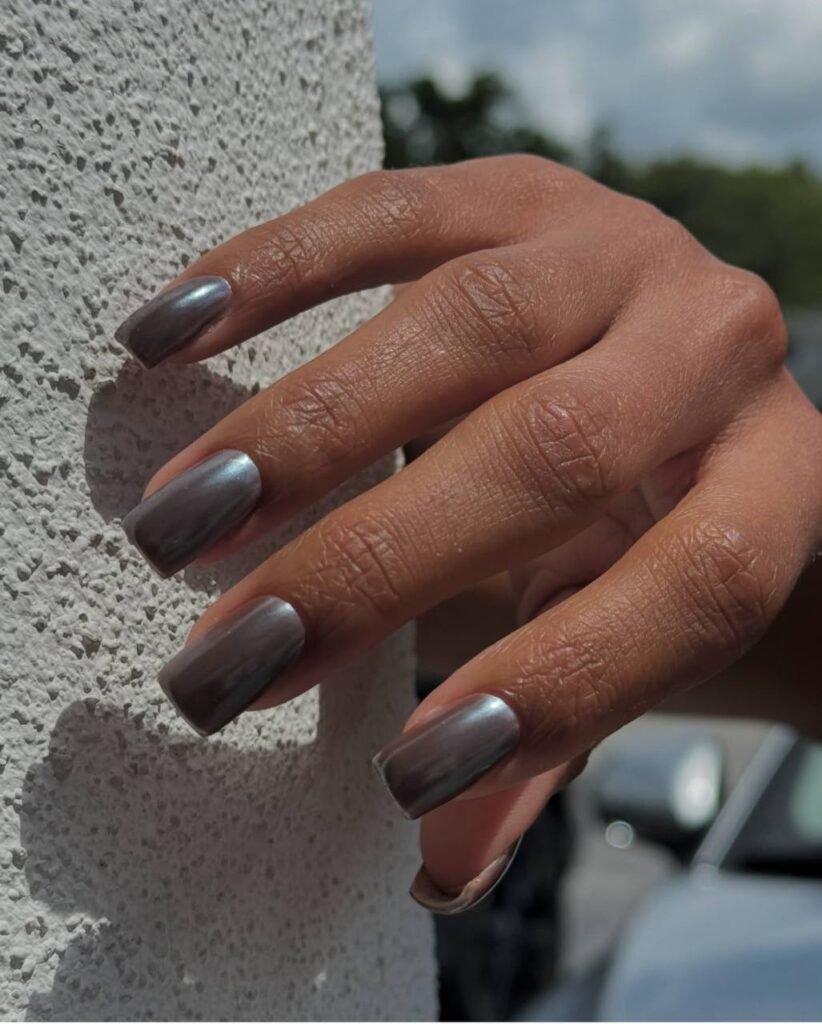 Hard gel russian manicure with metallic neutral shade on structured nails in Tampa