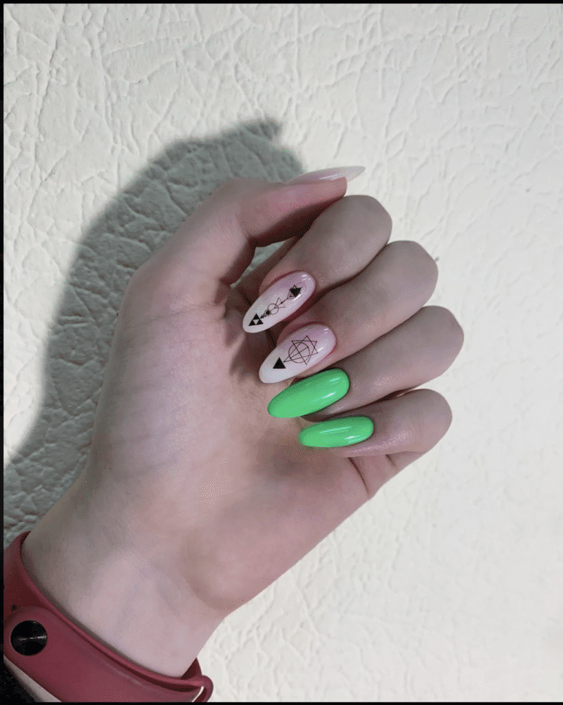 Hand with neon green and minimalist line-art nails created using russian manicure near me technique in Tampa.