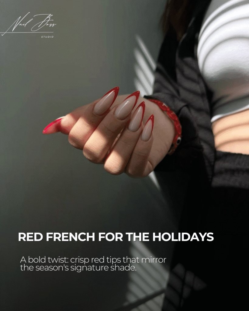 Red french nails created with russian manicure near me in Tampa, Florida