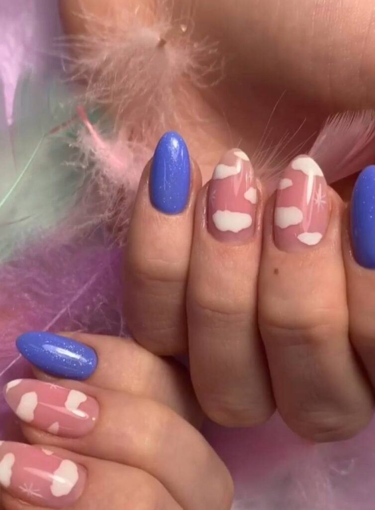 Soft pink russian Manicure near me with cloud nail art in Tampa, Florida