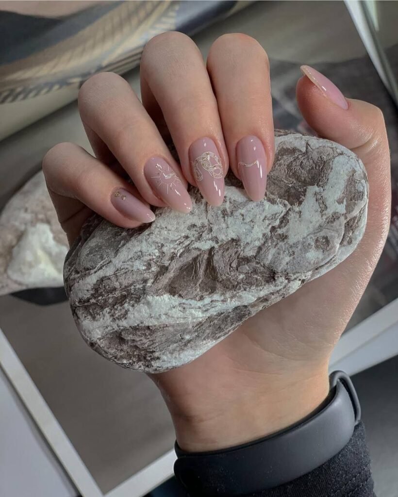 Natural nude russian manicure with detailed cuticle work on elegant nails in Tampa, Florida.