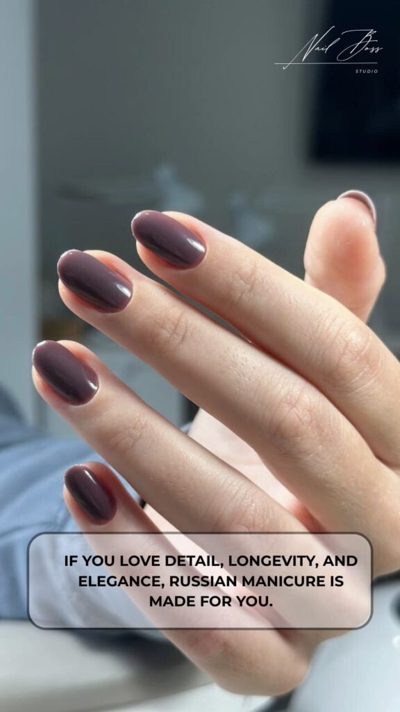 Close-up of polished nails after russian manicure in Tampa for a refined, clean finish.