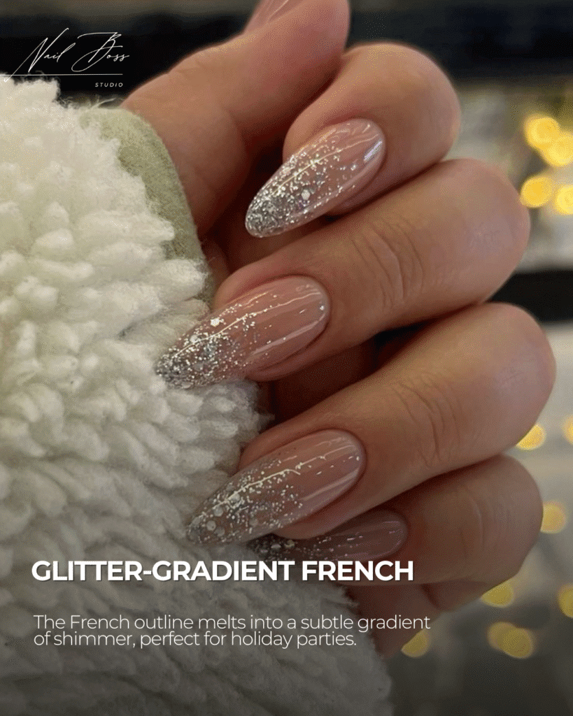 Glitter gradient french nails created with russian manicure in Tampa, Florida