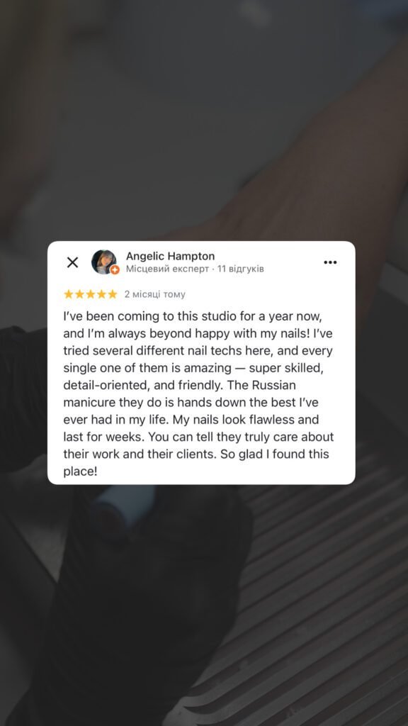 Client review highlighting russian manicures near me at Nail Boss Studio Tampa in Florida.