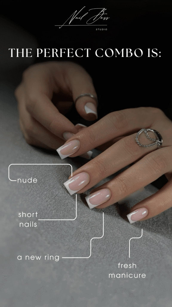 Short nude russian manicures Tampa with clean cuticles and modern builder gel structure.