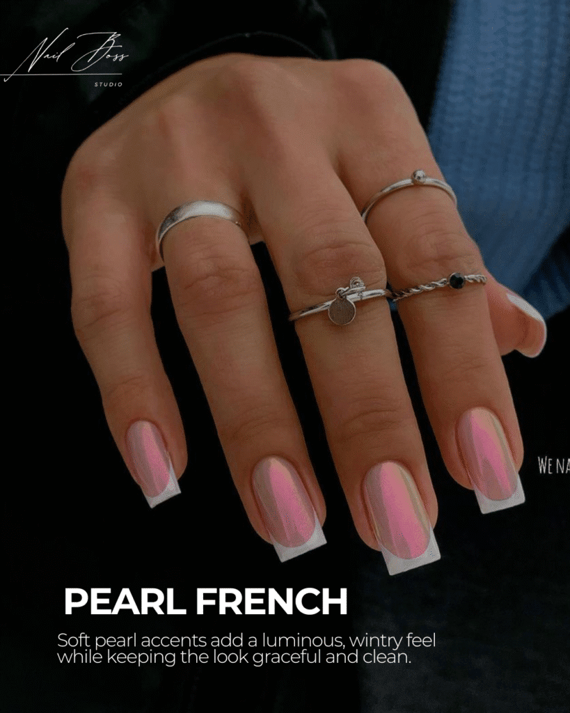 Soft pearl french nails created at russian nail salon near me in Tampa, Florida