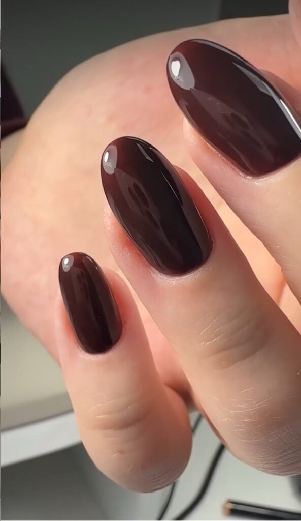 Russian nail salon Tampa featuring glossy dark nails with clean cuticles at Nail Boss Studio.
