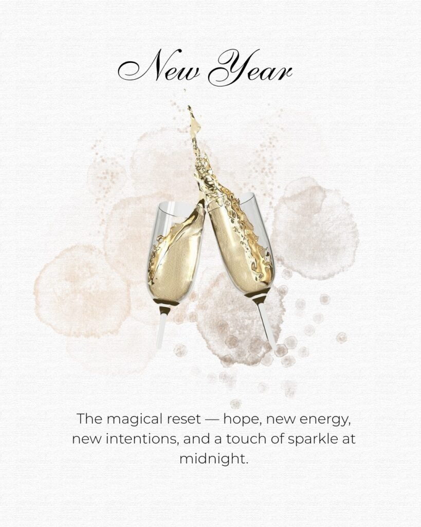 Two champagne glasses clinking in a New Year scene with soft tones near a russian nail salon in Tampa.