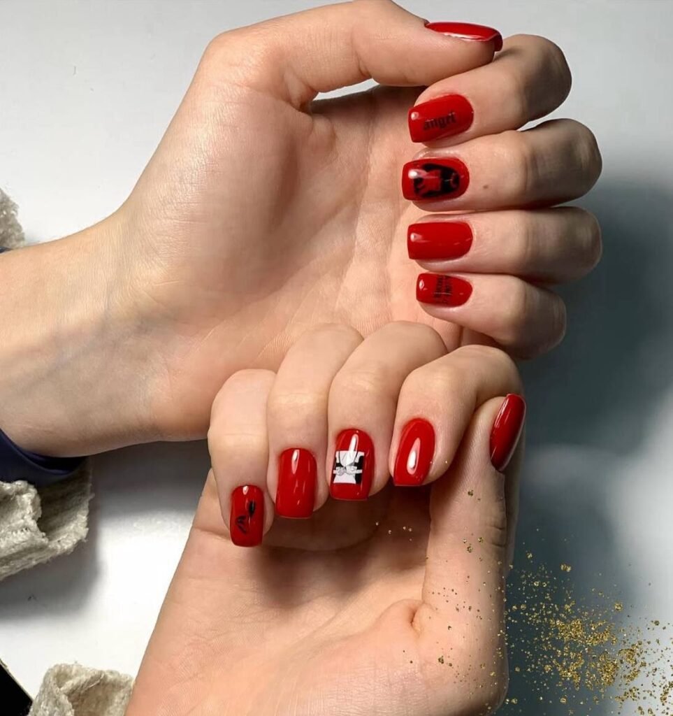 Red glossy russian nails with clean cuticles in Tampa, Florida, professional nail correction result