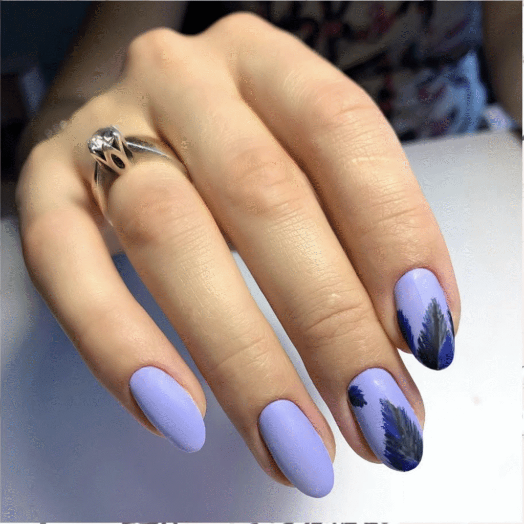 Hand with lilac polish and feather-style art created using russian Nails Tampa technique in Florida.