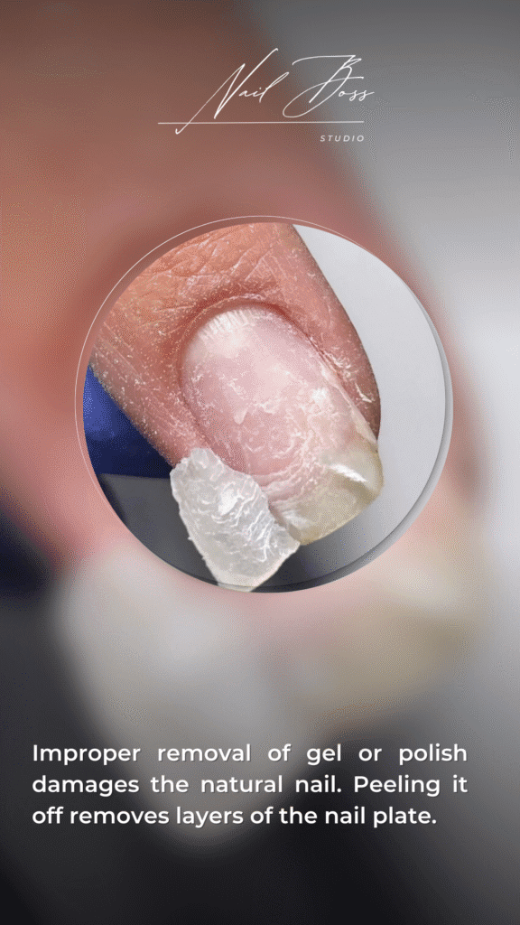 Close-up of damaged nail plate restored with builder gel manicure in Tampa, Florida.