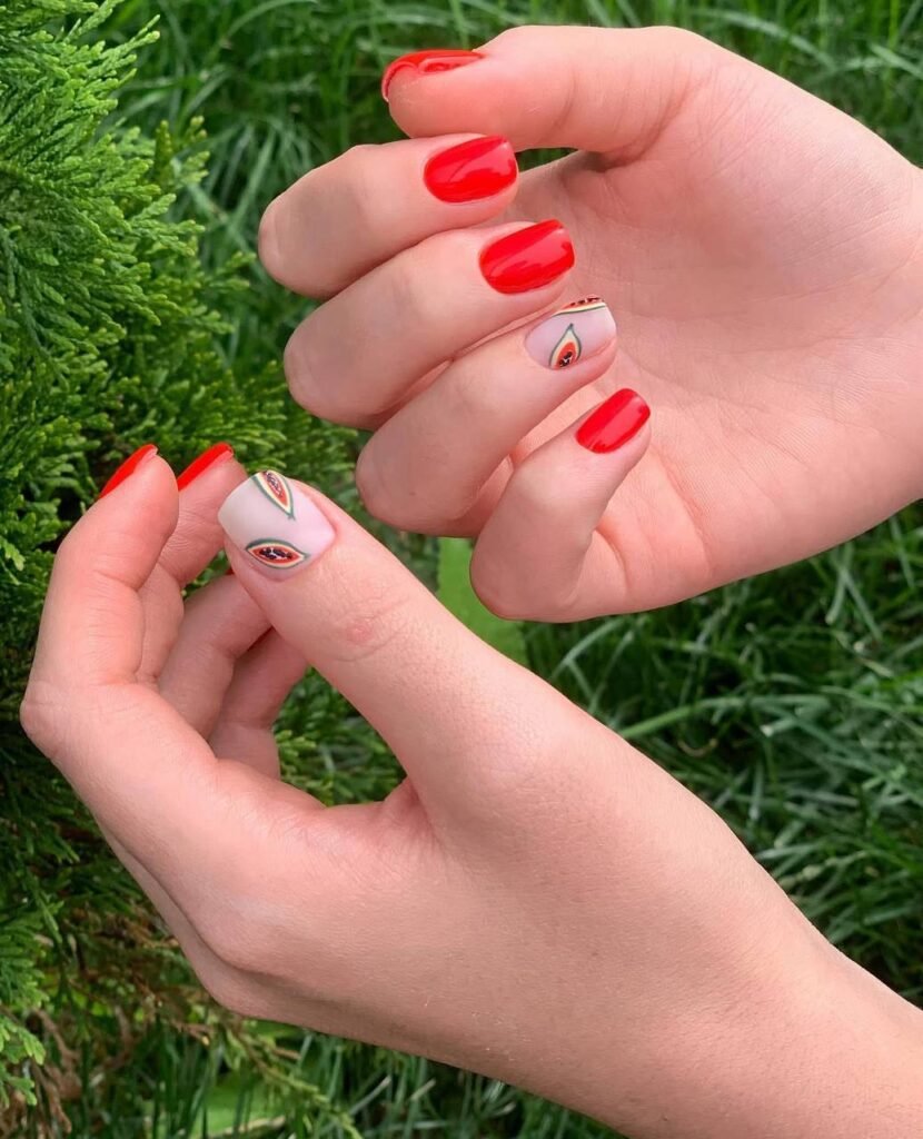 Builder gel manicure near me in Tampa featuring russian manicure with red glossy nails