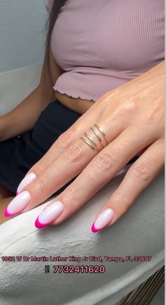 Builder gel manicure with soft pink French design in Tampa, Florida at Nail Boss Studio