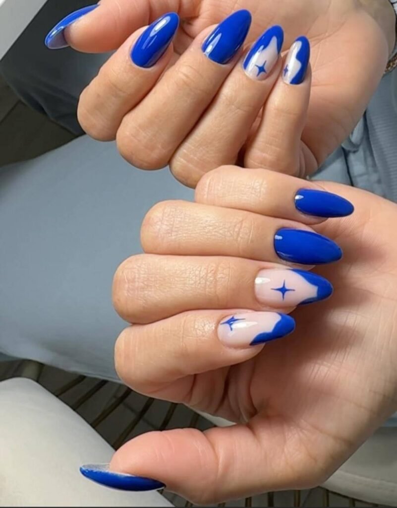 Blue almond nails with star design using builder gel Tampa Russian manicure in Tampa, Florida