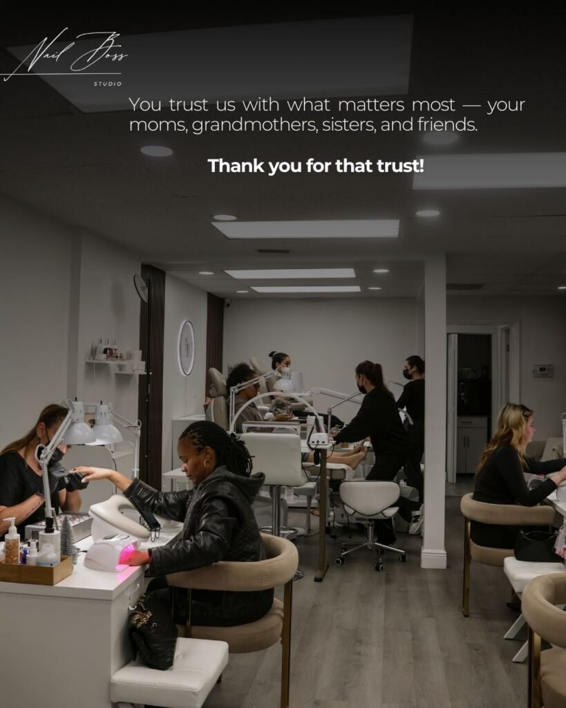 European manicure near me in Tampa Florida performed at Nail Boss Studio with clean, modern nail stations